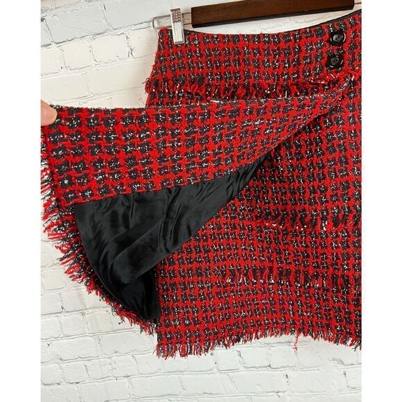 CARLISLE wool blend red black white check wrap fringe straight pencil skirt 2 - Picture 2 of 7